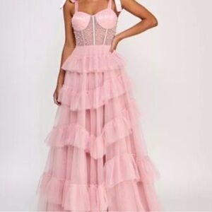 LTC SAY YES Blush Pink Pearl Corset Tiered Tulle Prom Dress Size 7/8 NWT